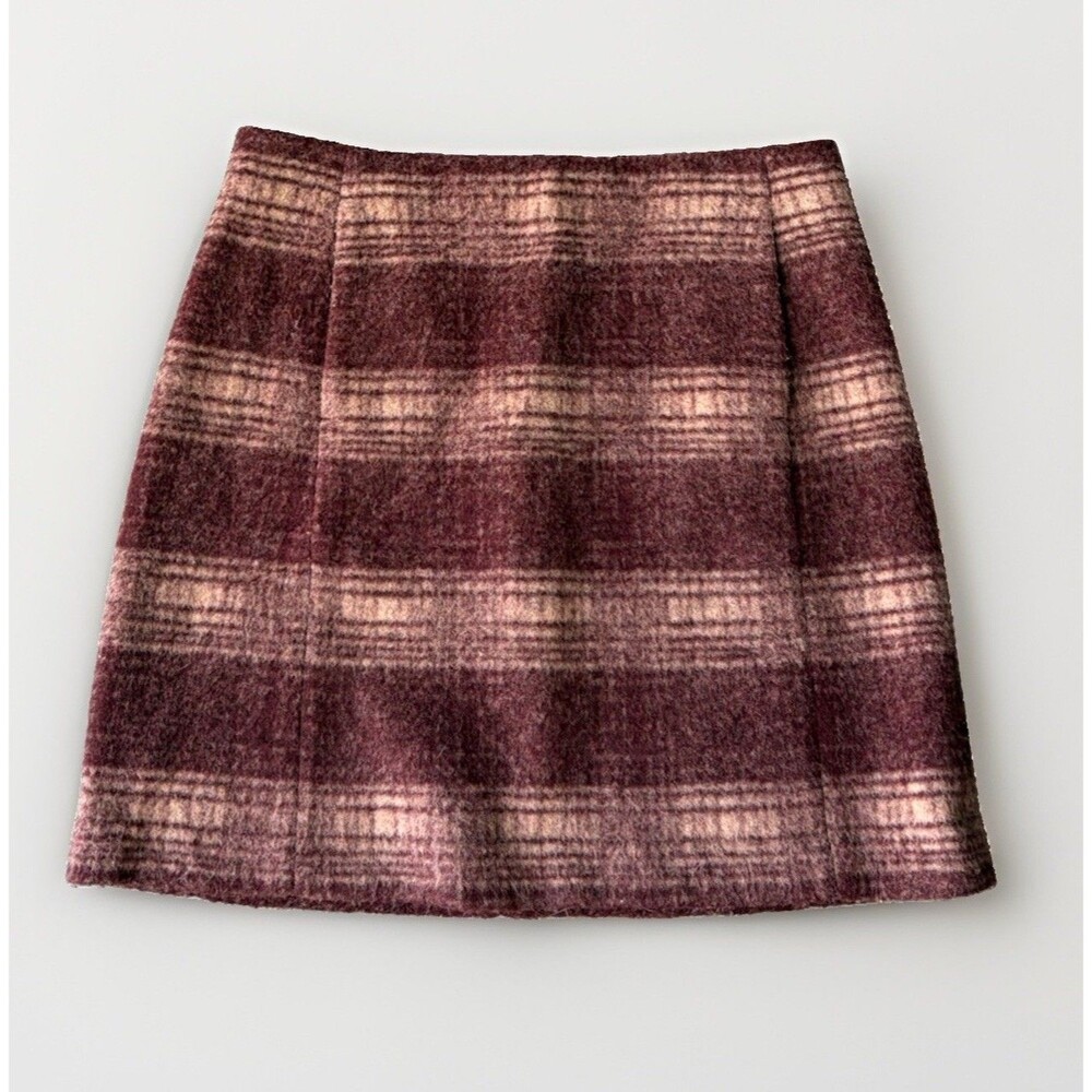 Uniqlo Wool Blend Plaid Mini Skirt Burgundy Brown Lined Womens Size M